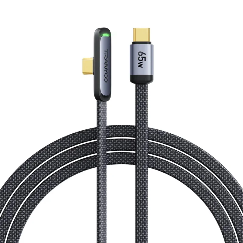 TRANYOO CC-3 Type-C to Type-C Fast Charging Cable 65W Braided Data Cable with Angled Connector / LED Indicator