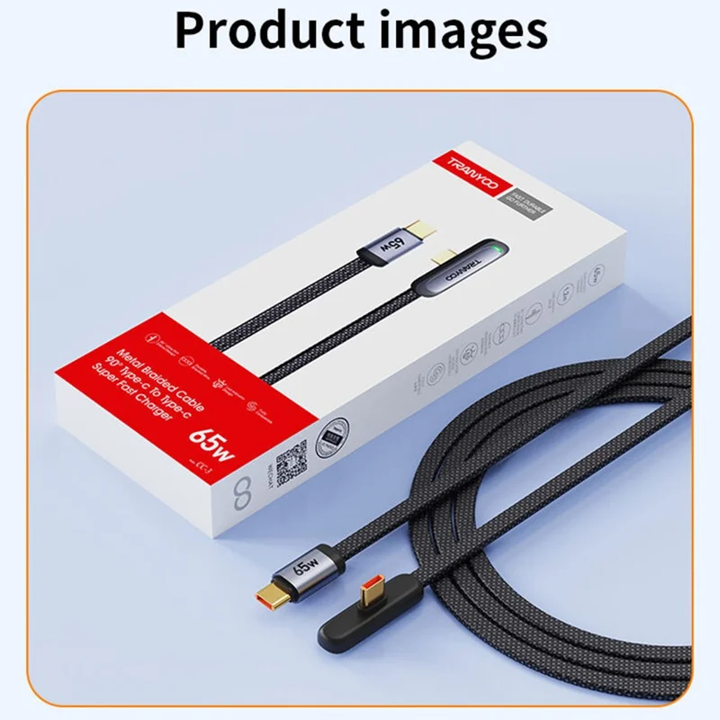 TRANYOO CC-3 Type-C to Type-C Fast Charging Cable 65W Braided Data Cable with Angled Connector / LED Indicator