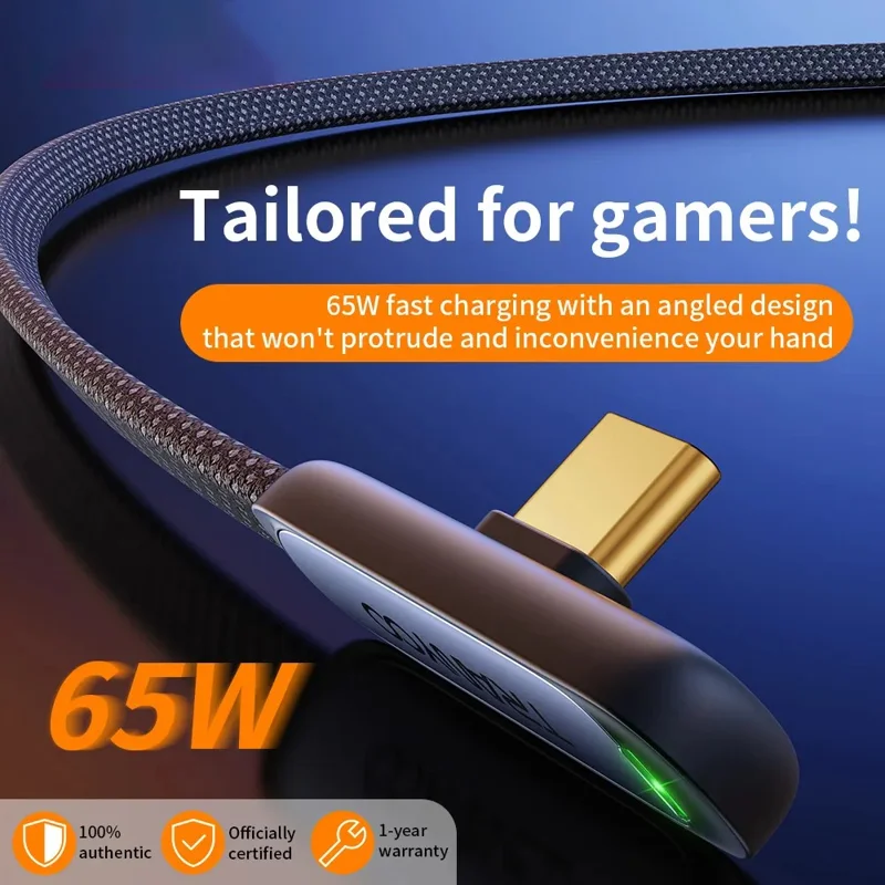 TRANYOO CC-3 Type-C to Type-C Fast Charging Cable 65W Braided Data Cable with Angled Connector / LED Indicator