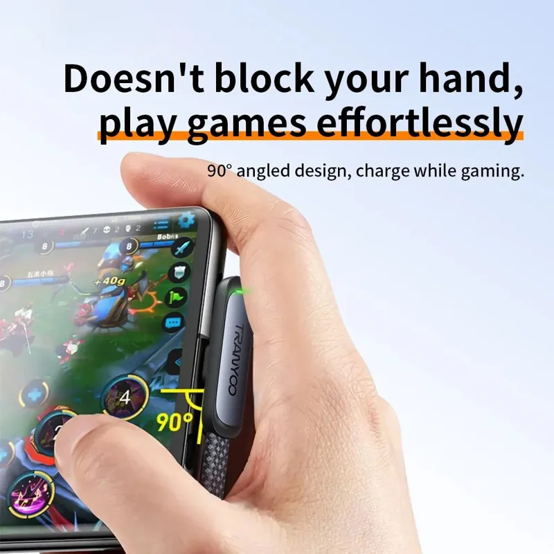 TRANYOO CC-3 Type-C to Type-C Fast Charging Cable 65W Braided Data Cable with Angled Connector / LED Indicator