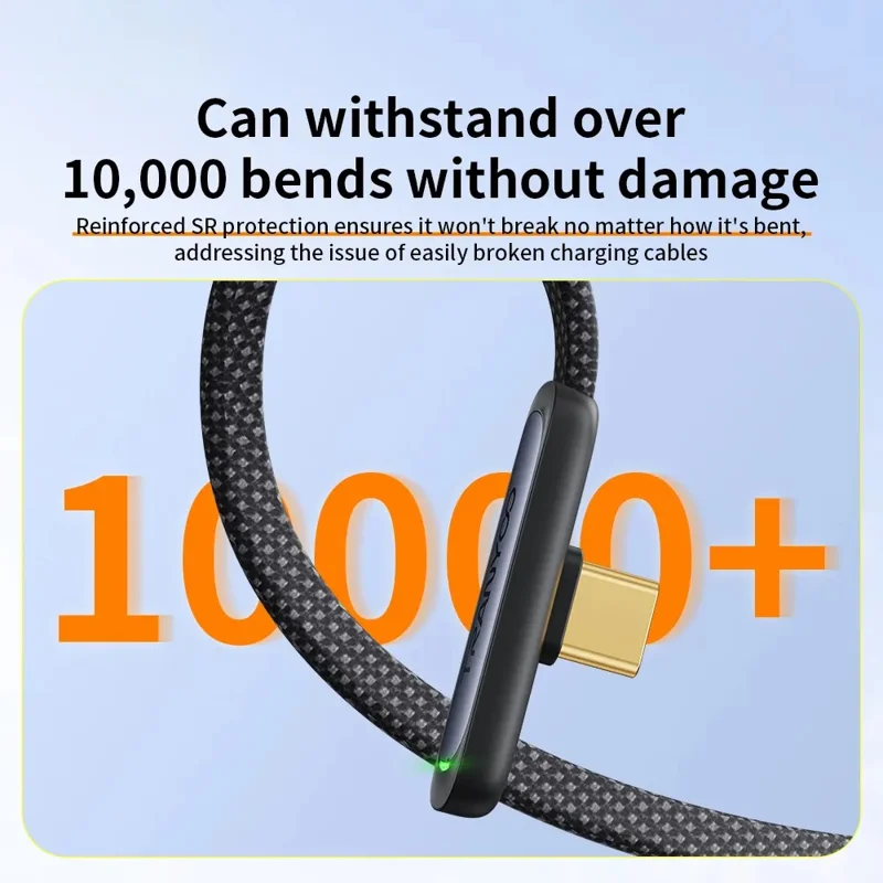TRANYOO CC-3 Type-C to Type-C Fast Charging Cable 65W Braided Data Cable with Angled Connector / LED Indicator