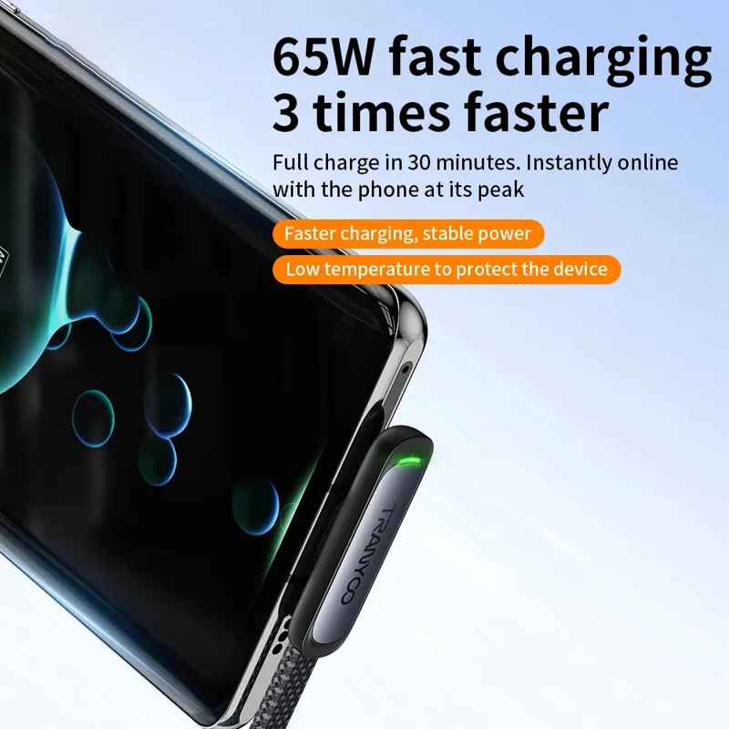 TRANYOO CC-3 Type-C to Type-C Fast Charging Cable 65W Braided Data Cable with Angled Connector / LED Indicator