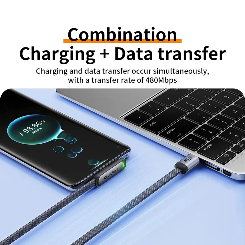 TRANYOO CC-3 Type-C to Type-C Fast Charging Cable 65W Braided Data Cable with Angled Connector / LED Indicator