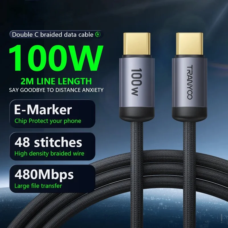 TRANYOO CC-4 2m PD 100W Fast Charging Cable E-Marker Chip Braided Phone Laptop Data Cord