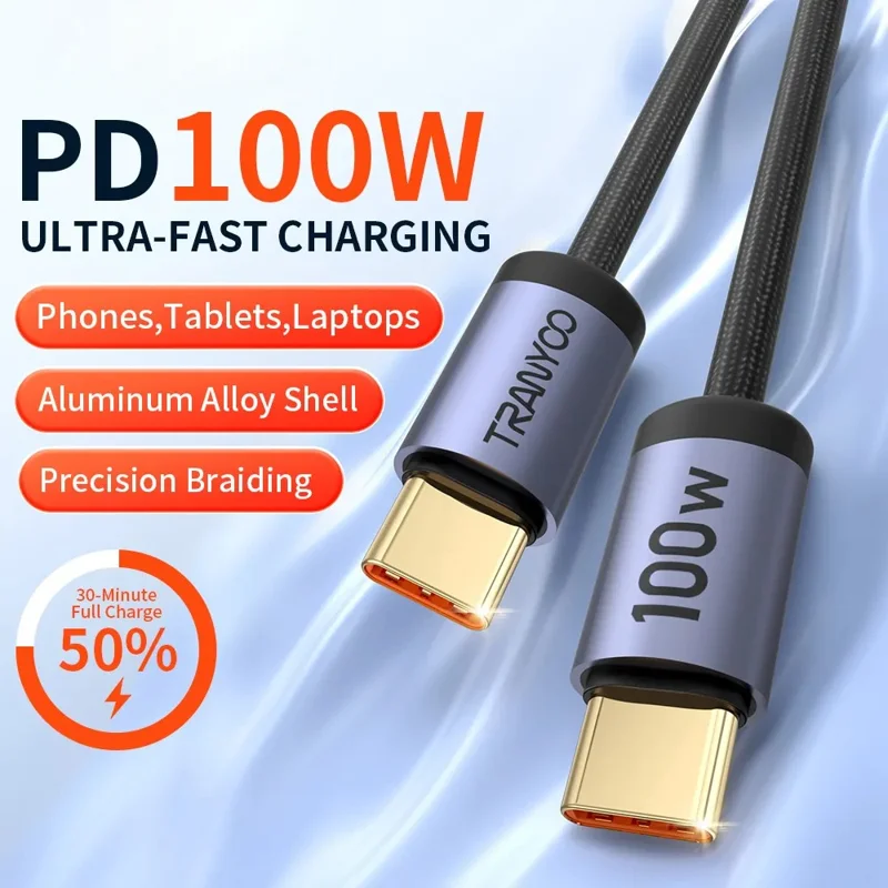 TRANYOO CC-4 2m PD 100W Fast Charging Cable E-Marker Chip Braided Phone Laptop Data Cord