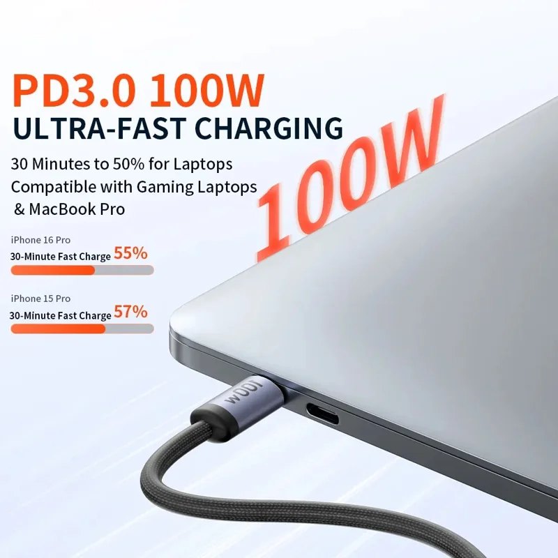 TRANYOO CC-4 2m PD 100W Fast Charging Cable E-Marker Chip Braided Phone Laptop Data Cord