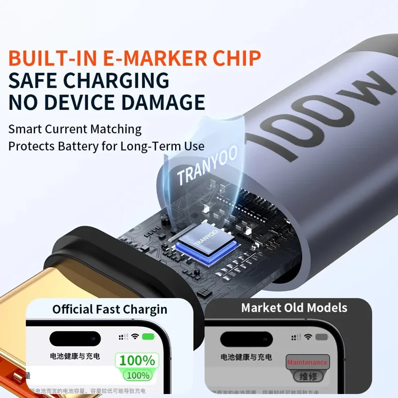 TRANYOO CC-4 2m PD 100W Fast Charging Cable E-Marker Chip Braided Phone Laptop Data Cord