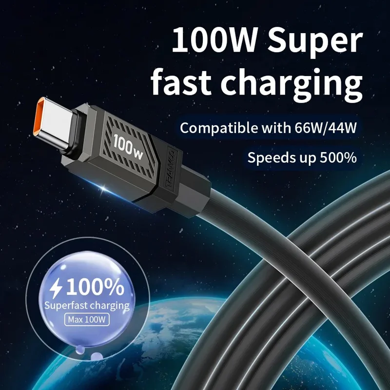 TRANYOO CC-2 1.2m Type-C to Type-C Cable 100W Fast Charging Phone Laptop Data Cord - Black
