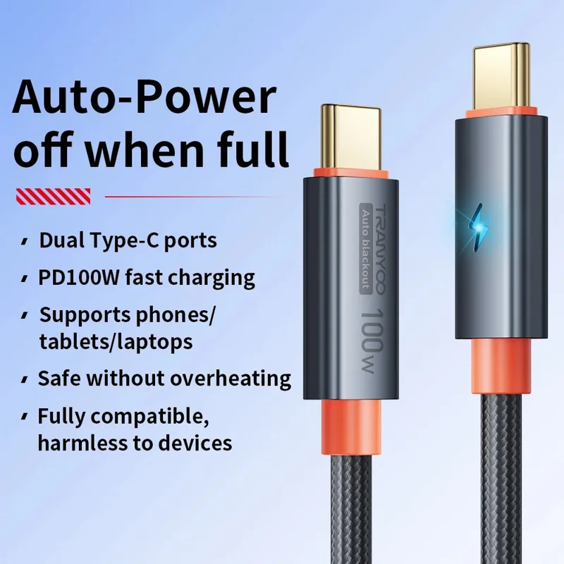 TRANYOO CC-5 1.2m Smart Auto Disconnect Data Cable 100W Type-C to Type-C Phone Laptop Cord