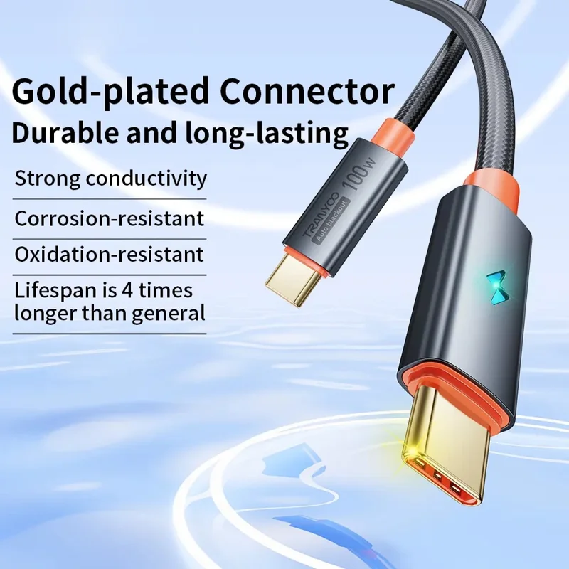 TRANYOO CC-5 1.2m Smart Auto Disconnect Data Cable 100W Type-C to Type-C Phone Laptop Cord