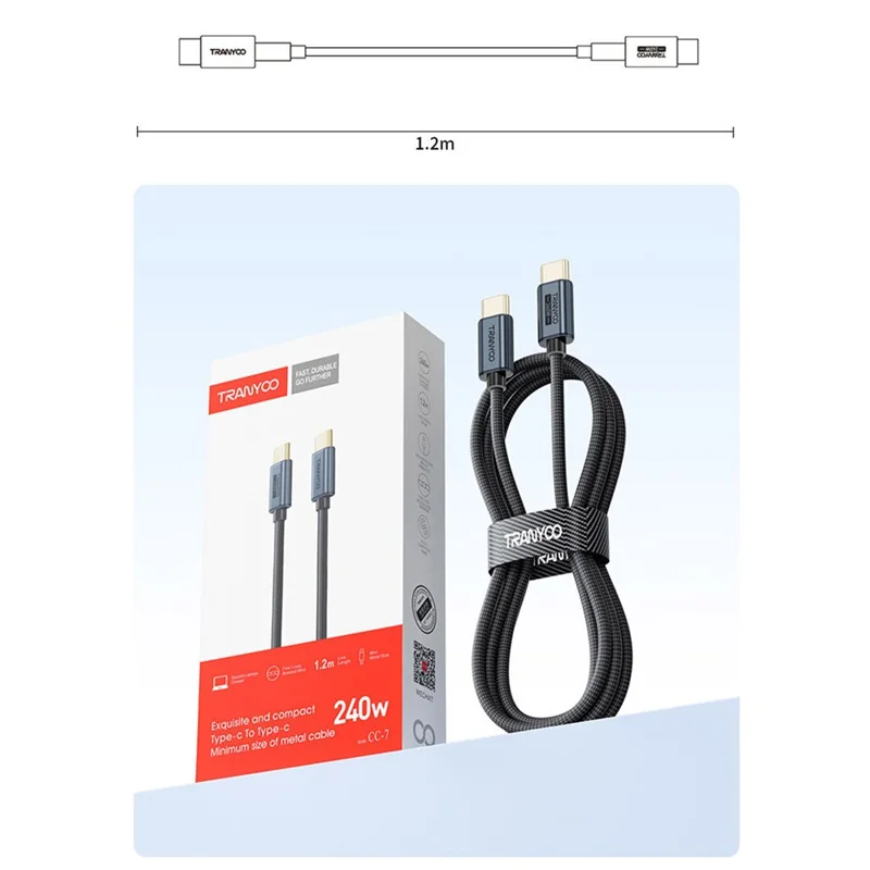 TRANYOO CC-7 1.2m Type-C to Type-C Fast Charging Data Cable 240W Laptop Charge Cord