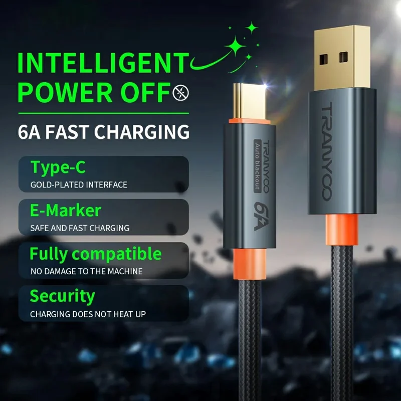 TRANYOO AC-5 1.2m USB to Type-C 100W Fast Charging Cable Smartphones Smart Auto Disconnect Data Cord