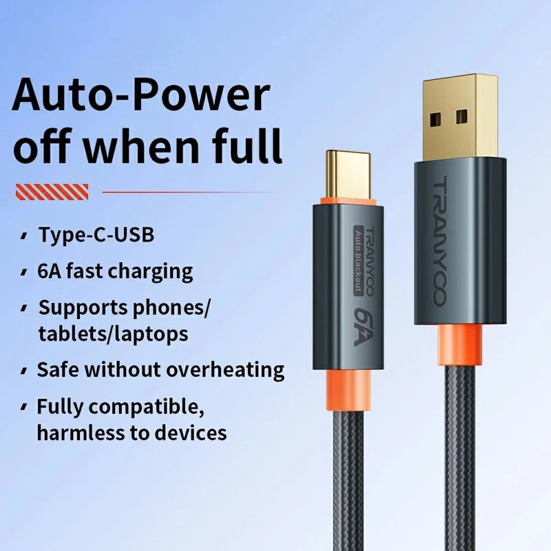 TRANYOO AC-5 1.2m USB to Type-C 100W Fast Charging Cable Smartphones Smart Auto Disconnect Data Cord
