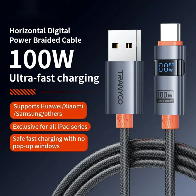 TRANYOO AC-6 For Samsung 100W USB to Type-C Cable 1.2m Braided Digital Display Fast Charging Cord