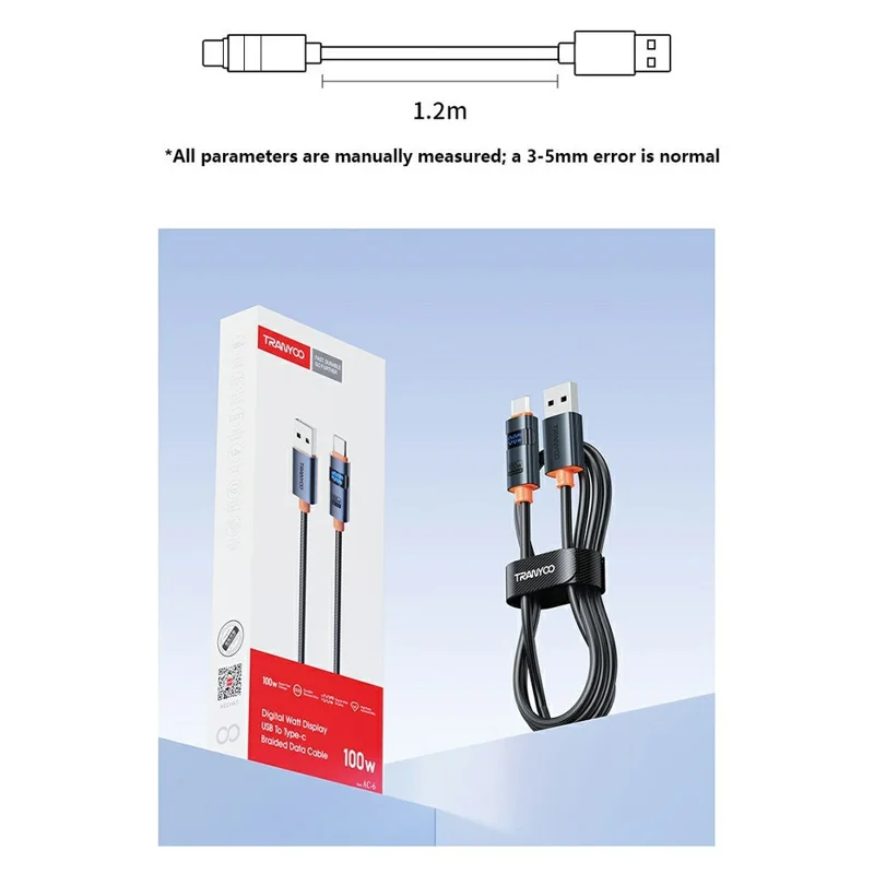 TRANYOO AC-6 For Samsung 100W USB to Type-C Cable 1.2m Braided Digital Display Fast Charging Cord
