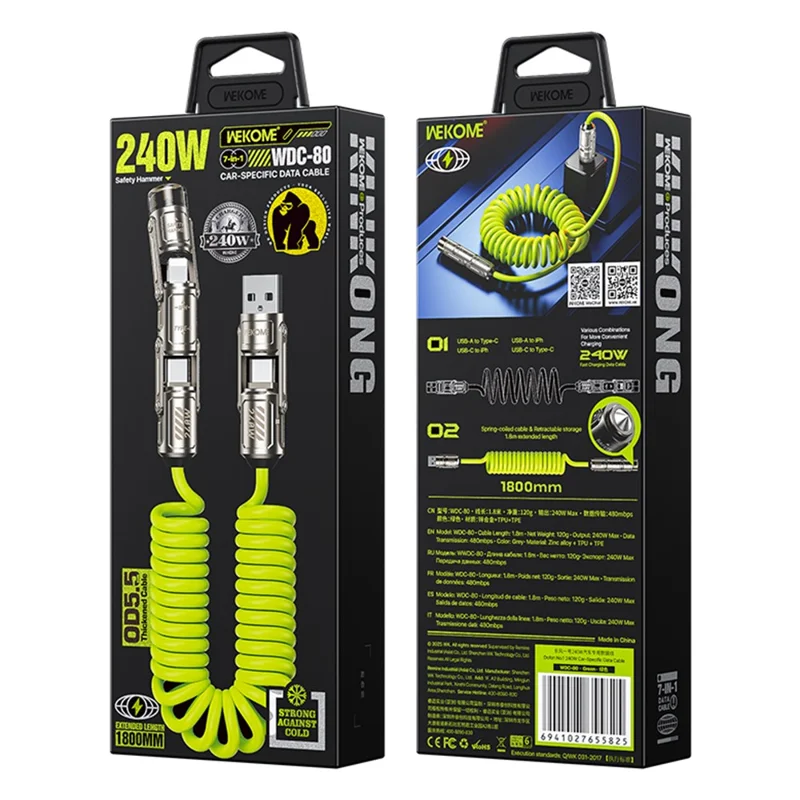 WEKOME WDC-80 Dofon No.1 Car-Specific Safety Data Cable 240W High Power 1.8M Length Multi Function Design - Green
