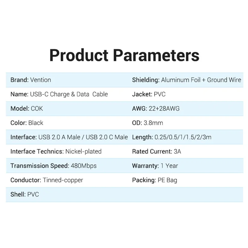 VENTION COKBI 3m USB 2.0 Type A to Type C Cable 3A Fast Charging Phone Tablet Data Cord - Black