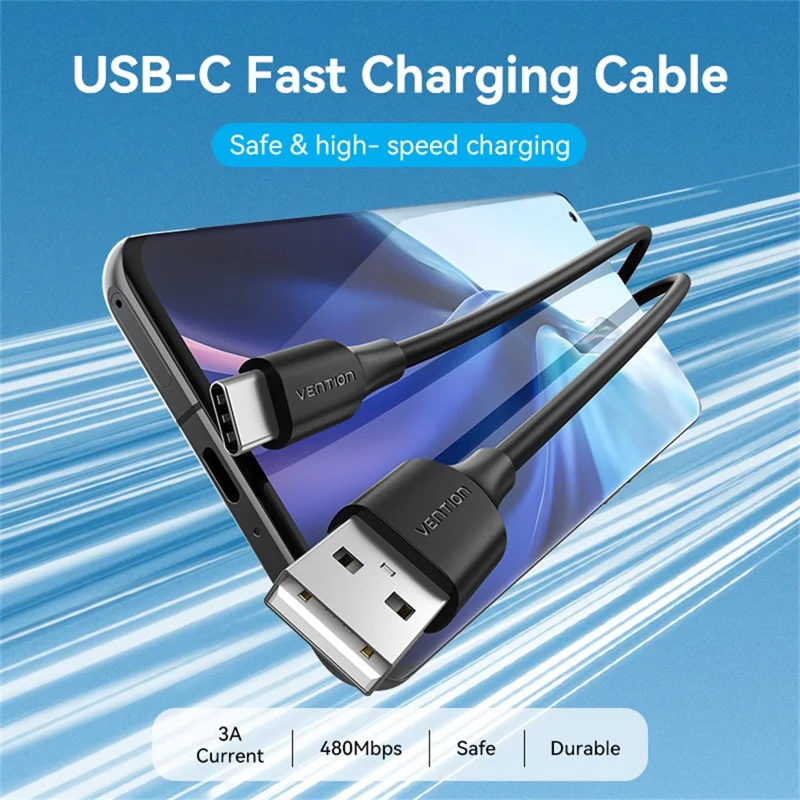 VENTION CTHBD 0.5m USB 2.0 A Male to C Male Cable 3A Fast Charging Data Sync Cord - Black
