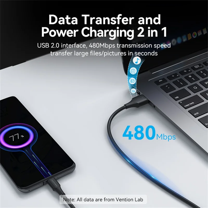 VENTION CTHBD 0.5m USB 2.0 A Male to C Male Cable 3A Fast Charging Data Sync Cord - Black