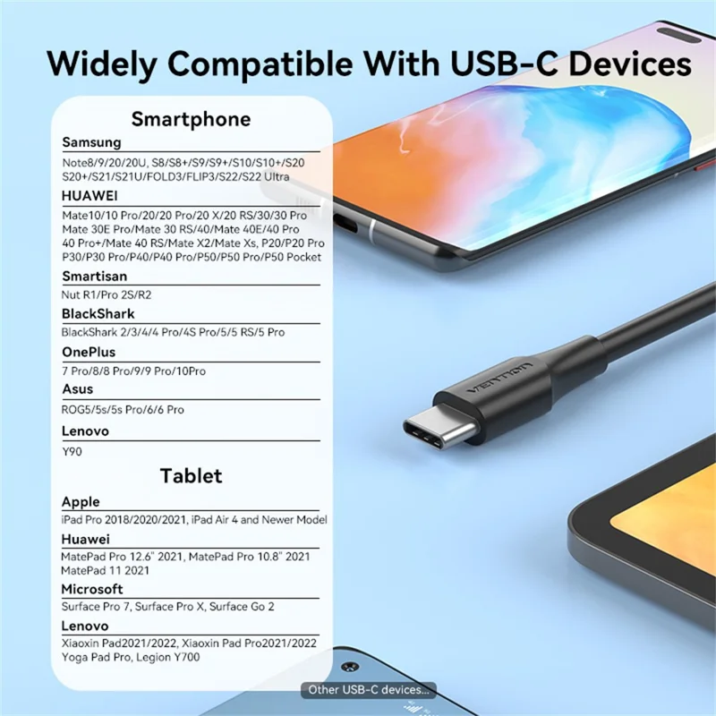 VENTION CTHBF CTH Series 1m 2.0 USB-A Male to USB-C Male 3A Data Cable High Speed 480Mbps 60W Charging Cord