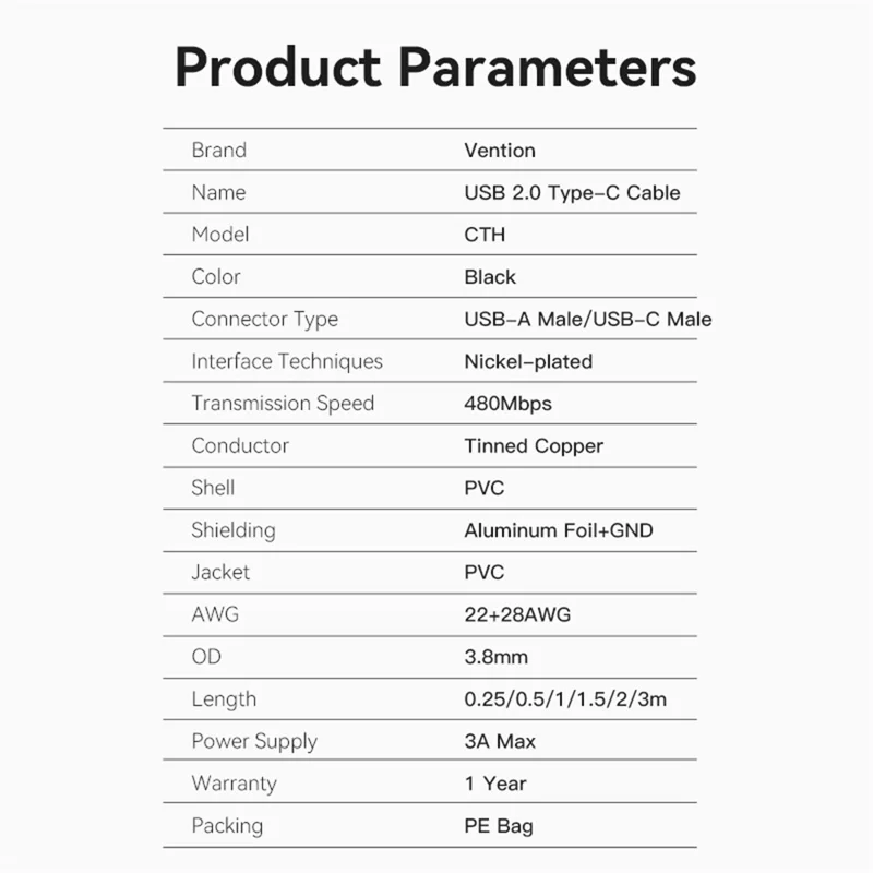 VENTION CTHBG CTH Series 1.5m 2.0 USB-A Male to USB-C Male 3A Data Cable High Speed 480Mbps 60W Charging Cord