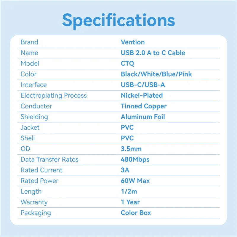VENTION CTQWF CTQ Series USB 2.0 A Male to Type-C Male 3A Data Cable 1M Fast Charging Cord