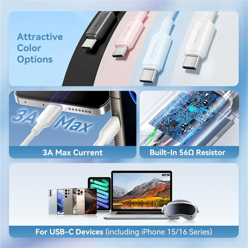 VENTION CTQWF CTQ Series USB 2.0 A Male to Type-C Male 3A Data Cable 1M Fast Charging Cord