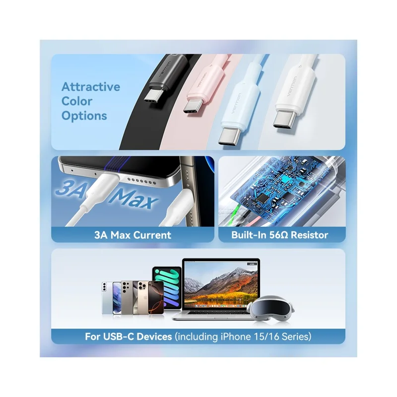 VENTION CTQPF Câble de données USB 2.0 Type A vers Type C de 1 m, 3A Charge rapide pour smartphone et tablette, Rose