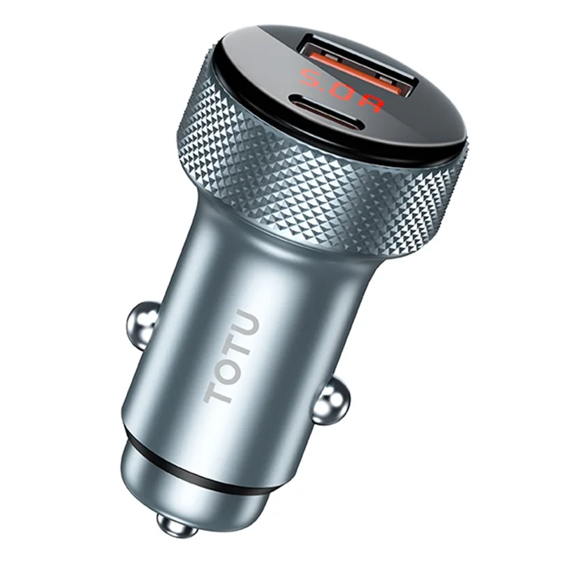 TOTU CC-4 Dual Port Car Charger 48W Fast Charging USB-A+Type-C Digital Display Cigarette Lighter - Grey