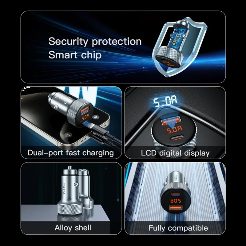 TOTU CC-4 Dual Port Car Charger 48W Fast Charging USB-A+Type-C Digital Display Cigarette Lighter - Grey