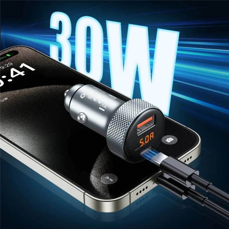 TOTU CC-4 Dual Port Car Charger 48W Fast Charging USB-A+Type-C Digital Display Cigarette Lighter - Grey