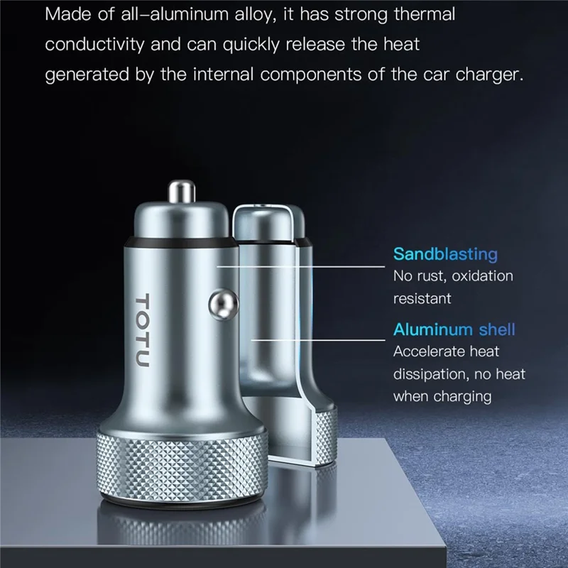 TOTU CC-4 Dual Port Car Charger 48W Fast Charging USB-A+Type-C Digital Display Cigarette Lighter - Grey