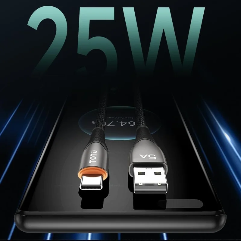 TOTU CB-17-T 120см USB-A в Type-C Кабель для передачи данных 25W Умное автоматическое отключение Плетеный быстрый зарядный шнур - Тусклый