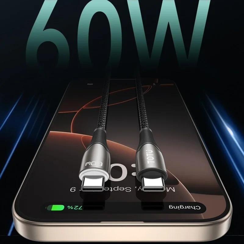 TOTU CB-17-CC Câble de données USB-C vers USB-C 120 cm 60 W Déconnexion automatique intelligente Cordon de charge rapide tressé - Tarnish