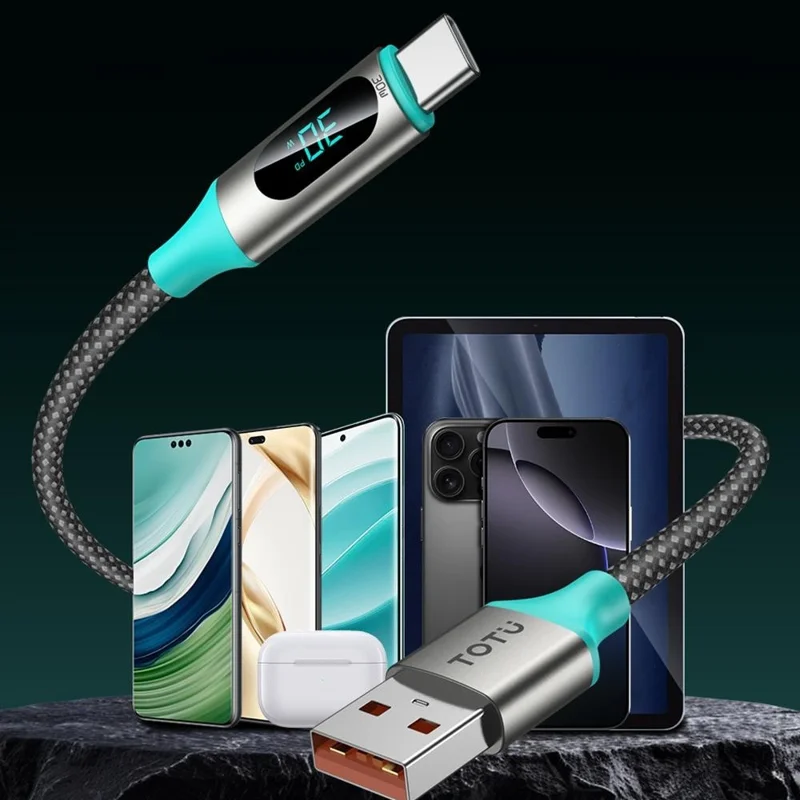 TOTU CB-23-T 120см USB-A в Type-C Кабель для передачи данных 30Вт Быстрая зарядка Светодиодный дисплей Плетеный шнур - Starlight