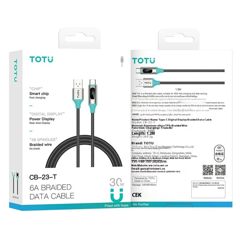 TOTU CB-23-T 120см USB-A в Type-C Кабель для передачи данных 30Вт Быстрая зарядка Светодиодный дисплей Плетеный шнур - Starlight