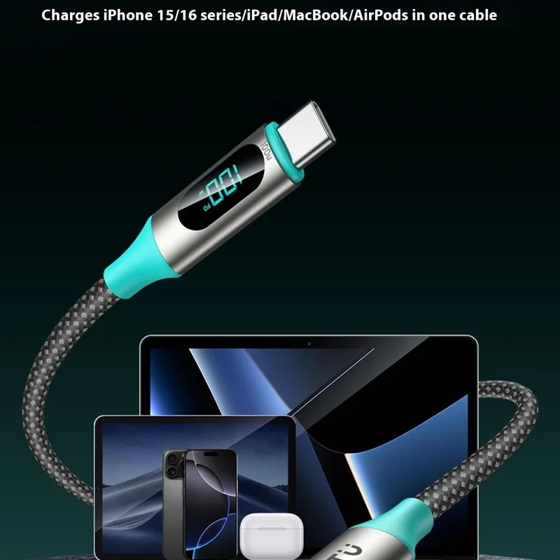 TOTU CB-23-CC 120Ccm Type-C to Type-C Data Cable 60W Fast Charging Braided Cord with LED Display - Starlight