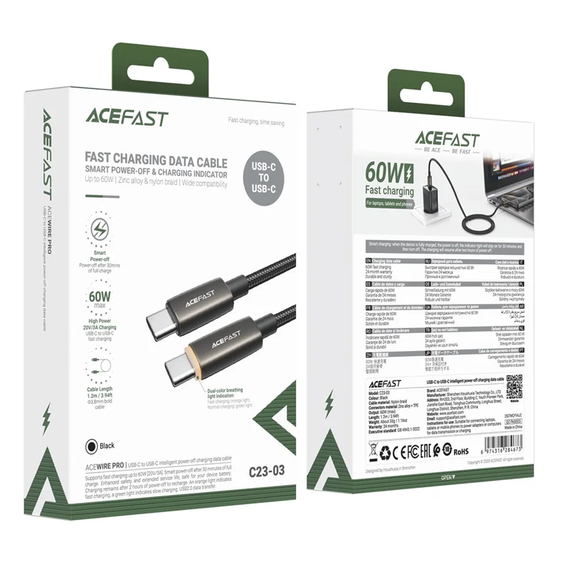 ACEFAST C23-03 1.2m Smart Power Off Charging Cable 3A 60W Fast Charging USB C to USB C Braided Data Cord