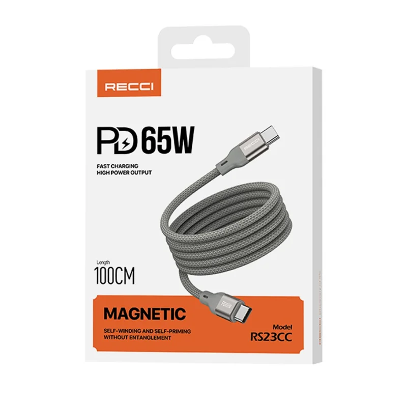 RECCI RS23CC PD 65W Fast Charging Cable 1m Type-C to Type-C Magnetic Data Cord - Titanium Gold
