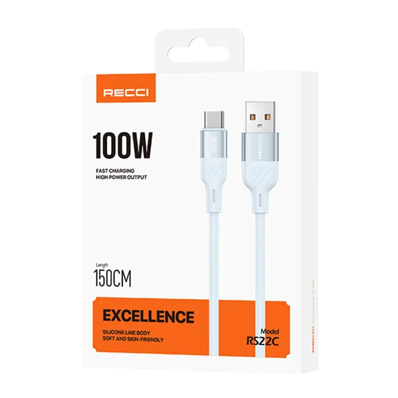 RECCI RS22C USB to Type-C Cable 100W Super Fast Charging Cord 1.5m Silicone Data Cable - Blue