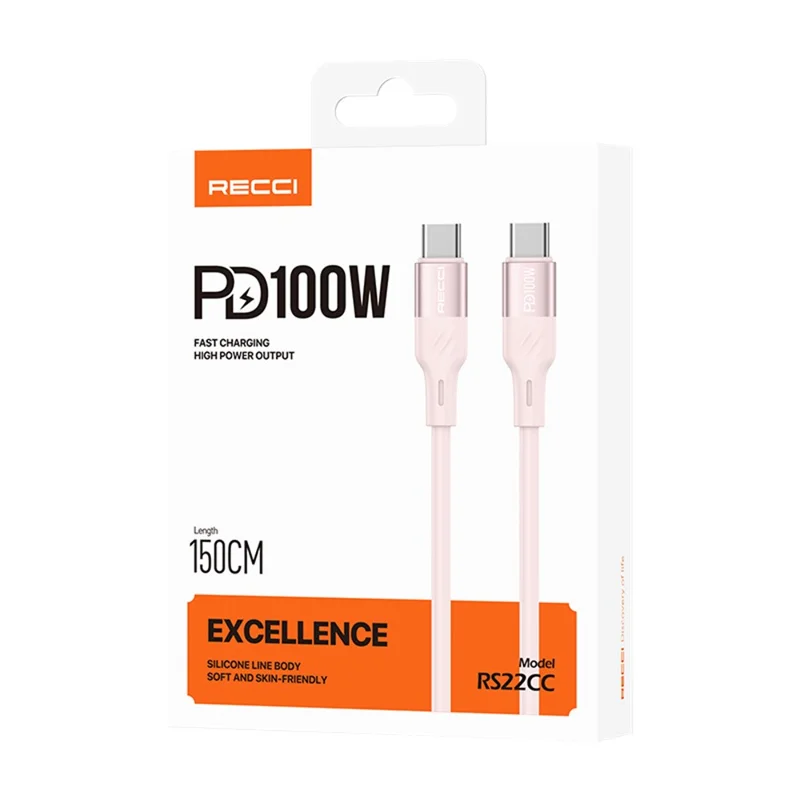 RECCI RS22CC 1.5M Type-C to Type-C Cable 100W Super Fast Charging Silicone Data Cable - Pink