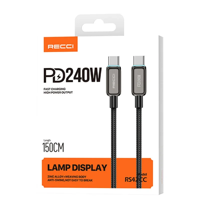 RECCI RS42CC 1.5M Type-C to Type-C Data Cable 240W Fast Charging Cord with LED Indicator - Black