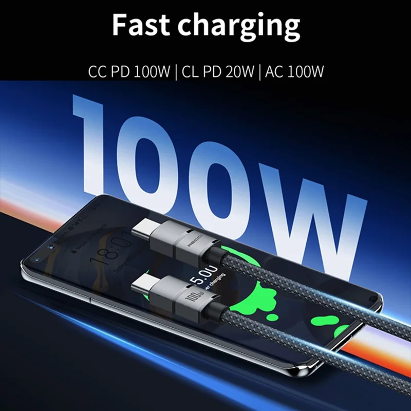 RECCI RS08CC Type-C to Type-C Cable 120cm Fast Charging Data Cable PD 100W Power Delivery