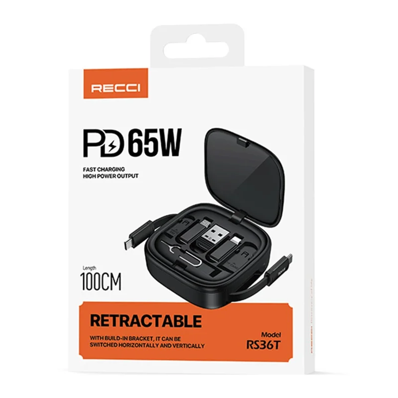 RECCI RS36T 5-in-1 PD 65W Fast Charging Data Cable USB Adapter Kit with Phone Stand Storage Box