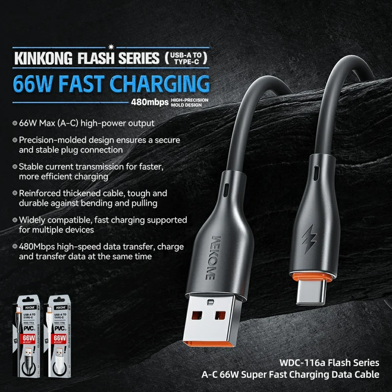 WEKOME WDC-116a Flash Series 1.2m 66W Fast Charging Cable USB to Type C 480Mbps Data Transfer Cord - Black