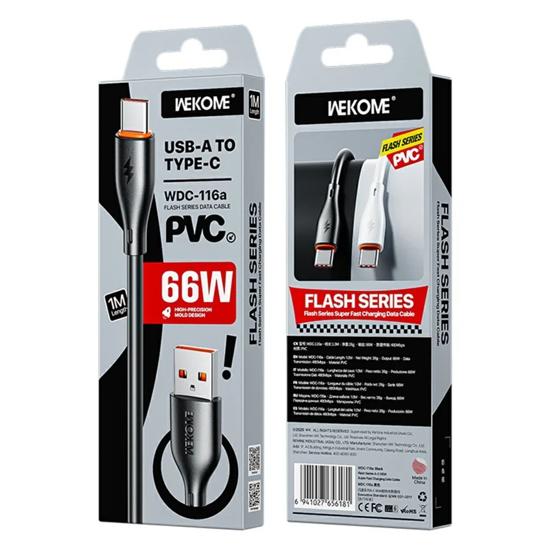 WEKOME WDC-116a Flash Series 1.2m 66W Fast Charging Cable USB to Type C 480Mbps Data Transfer Cord - Black