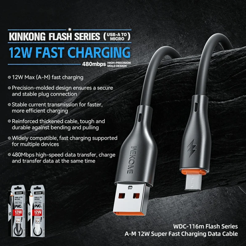 WEKOME WDC-116m Flash Series 1.2m USB to Micro USB 12W Fast Charging PVC Data Cable - Black