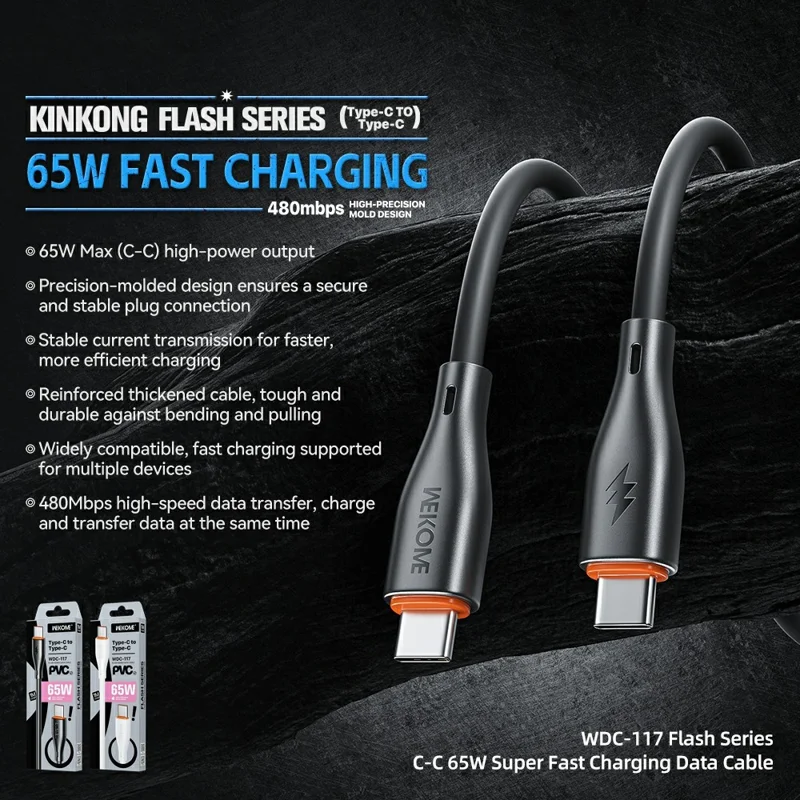 WEKOME WDC-117 Flash Series 1m Type-C to Type-C 65W Fast Charging 480Mbps Data Cable - Black