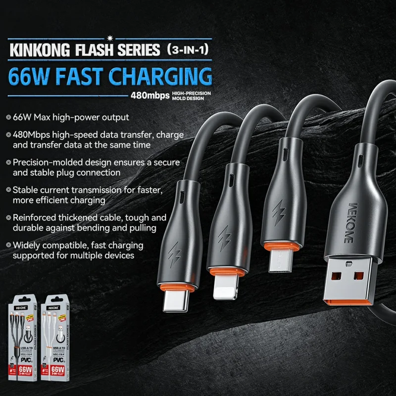 WEKOME WDC-119 Flash-serie 1,2 m 3-in-1 iP/Micro/Type C 66 W snel opladen 480 Mbps gegevenkabel - Zwart
