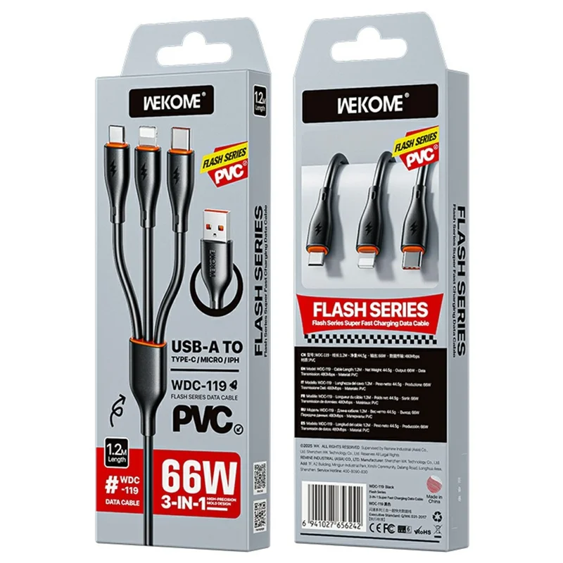 WEKOME WDC-119 Flash-serie 1,2 m 3-in-1 iP/Micro/Type C 66 W snel opladen 480 Mbps gegevenkabel - Zwart